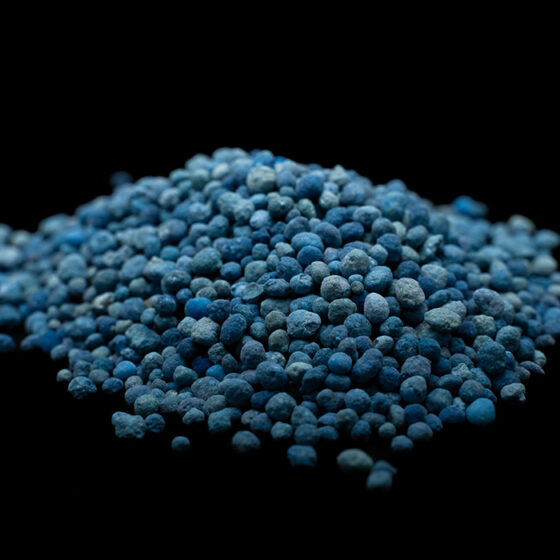 Blue NPK compound fertilizer granules in close-up